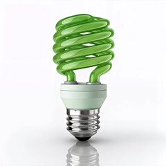 Green energy saving light bulb isolated on white background reflecting on surface
