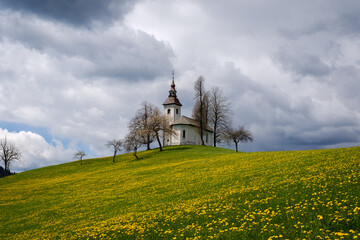 St.Thomas church near Skofja Loka in Slovenia in spring