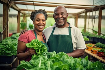 Middle aged African American couple with their garden vegetable crop. Natural products as the basis of health at any age. They are standing in apron in greenhouse with a basket of vegetables.
