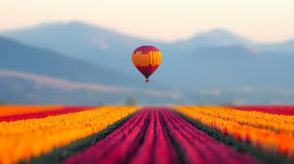 Fototapeta premium Hot air balloon soaring over vibrant tulip fields, majestic mountains in the background. Adventure, freedom, travel, and spring concepts.