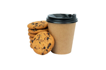 PNG, coffee cup with chocolate cookies isolated, front view