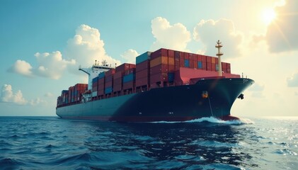 Fototapeta premium Massive cargo ship at sea, carrying containers Ocean freight, global trade, maritime transport , horizon line, freight liner, containers
