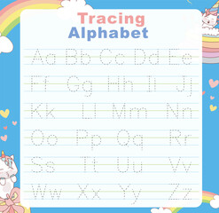 Tracing alphabet letters worksheet with all alphabet letters. ABC alphabet basic tracing practice for kindergarten kids. Printable educational worksheet 