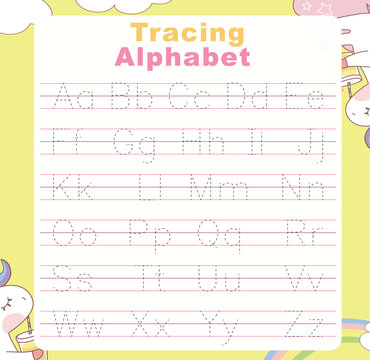 Tracing alphabet letters worksheet with all alphabet letters. ABC alphabet basic tracing practice for kindergarten kids. Printable educational worksheet 
