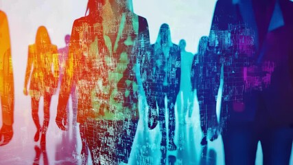 Silhouetted crowd of diverse people walking with abstract, colorful cityscape overlays on bright background - Powered by Adobe