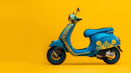 Obraz premium Blue Vespa style scooter with floral design, isolated on yellow background. Concept of summer, travel, freedom, and transportation.