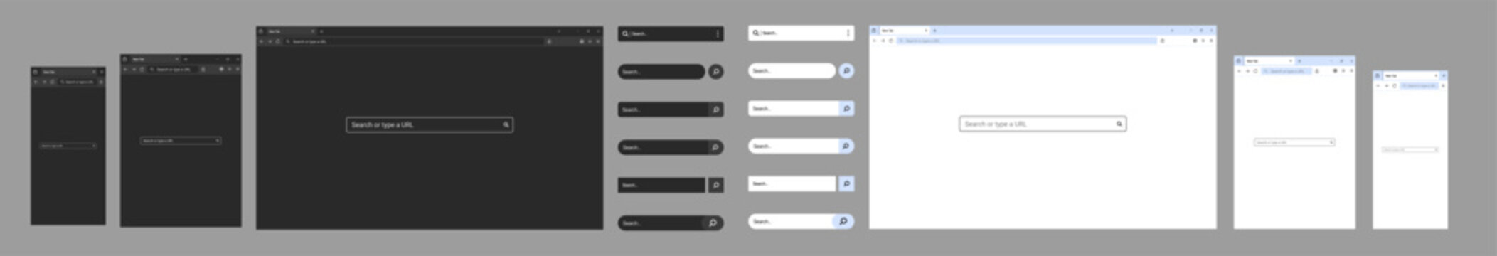 Website mockup template with browser window search bar and frames for PC laptop tablet and mobile. Includes light dark and night modes. Vector illustration for UI and web presentations.