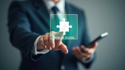 Businessperson selecting problem solving solution on a touch screen.