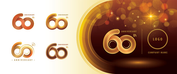 Set of 60th Anniversary logotype design, Sixty years Anniversary Celebrating Logo. Abstract Infinity Round number 60, Infinity loop logo, Gold Infinity multiple Rounded line