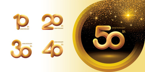 Set of 10 to 50 years Anniversary logo design, Celebrating Logo. Abstract Infinity Round Embossed number 10, 20, 30 ,40, 50 year Infinity loop logo, Gold Infinity multiple Rounded bulge
