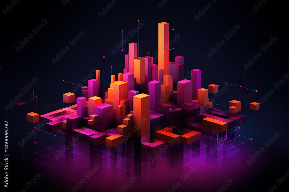 Poster 3D business graph with organized bars and information blocks. Abstract infographic element. Business growth and development to success concepts