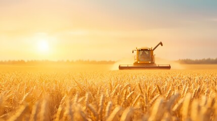 Fototapeta premium Golden wheat field being harvested by a combine harvester at sunset. Agriculture, farming, harvesting, rural landscape concept.