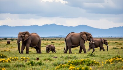 Fototapeta premium Majestic elephants roaming freely in wide open grassland under a cloudy sky with distant mountains in view