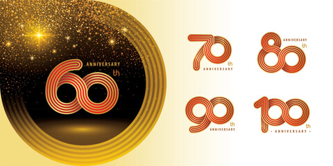 Set of 60 to 100 years Anniversary logo design, Celebrating Logo. Abstract Infinity Rounded lines number 60; 70; 80; 90; 100 year Infinity loop logo, Gold Infinity multiple Rounded linear