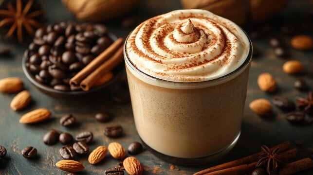 Barista preparing almond flavored latte art with swirling patterns on the foam surrounded by almonds cinnamon sticks and coffee beans on a rustic countertop