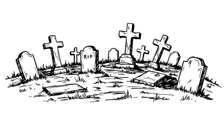 Obraz premium Spooky graveyard scene with tombstones and crosses. Halloween illustration features old tombstones, broken crosses, and overgrown grass. Graveyard scene perfect for Halloween invitations, announcemen