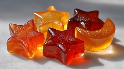 Starshaped gummy candies gleam on surface