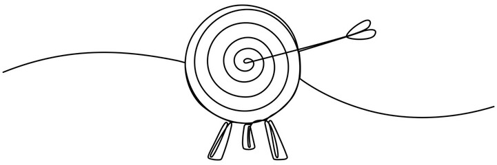 Continuous line drawing of target with arrow. Hand drawn linear goal circle. Business strategy concept. Vector illustration isolated on white.
