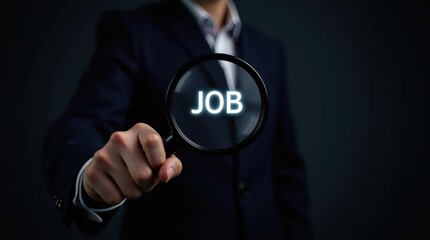 A person holding a magnifying glass focused on the word job.