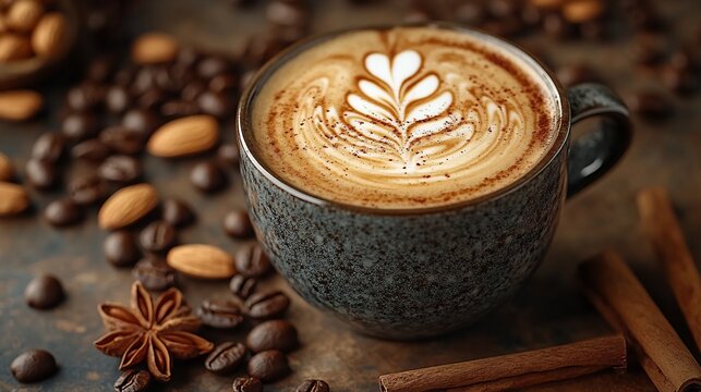 Barista preparing almond flavored latte art with swirling patterns on the foam surrounded by almonds cinnamon sticks and coffee beans on a rustic countertop