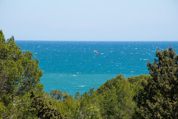 A seascape view of the Gulf of Roses as seen from the Archeology Museum Emp&uacute;ries in Spain.