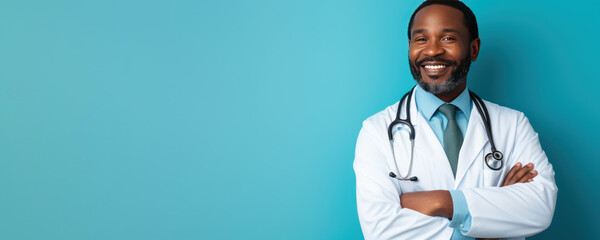 Male African American medic in white coat with positive smile. Middle aged man keeping arms crossed on chest. Photo isolated on blue background. Picture with copy space.