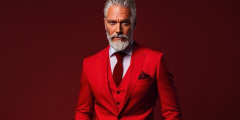 Serious stylish grey haired middle aged man in a red suit. Photo with copy space on dark red background.
