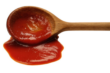 A wooden spoon filled with thick red tomato sauce.