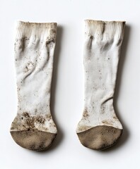Two dirty white socks, top-down view