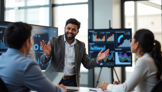 Enthusiastic Businessman Presenting Data Insights to Engaged Team in Modern Office Environment - Powered by Adobe