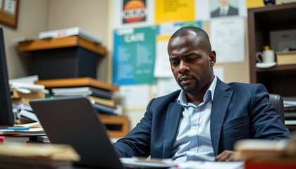 Obraz premium Focused professional man working on laptop in modern office setting surrounded by documents and notes