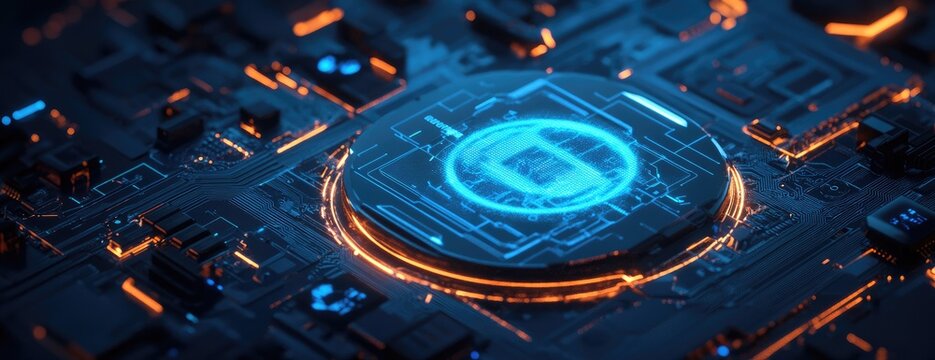 High-tech circuit board with glowing cryptocurrency coin