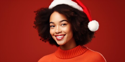 African American young woman in Santa hat over red background. Happy laughing young woman.