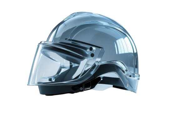 A futuristic riot control helmet reflecting the tensions of a divided society showcasing on transparent background