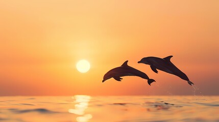 Fototapeta premium Silhouette of two dolphins leaping from the ocean during a vibrant sunset. Evokes freedom, joy, and marine wildlife.