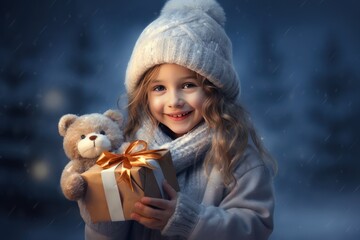 Little Scandinavian n girl in a Santa hat with a Christmas gift on the background of the Christmas decorations.