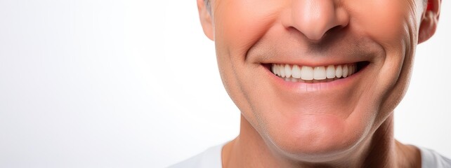 Smiling elderly man on a white background. Perfectly straight teeth. Dentistry and teeth whitening concept. Photo with copy space.