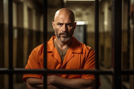 Middle aged Caucasian prisoner in orange uniform, looking at camera. Criminal serves term of imprisonment in prison cell. Inmate stands behind bars in jail or detention center.