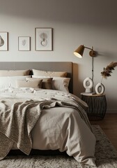 Bedroom interior featuring a gray headboard and neutral color palette
