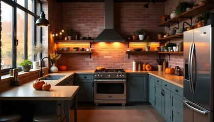 Fototapeta premium Industrial chic kitchen with concrete countertops, open brick walls, and stainless steel appliances .