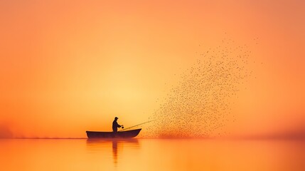 Surreal image of a fisherman in a boat at sunset, with a swarm of fish exploding from the water.  Concept of abundance, nature, and the unexpected.