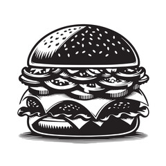 Black Burger Silhouette Vector, High Quality Illustration on White Background