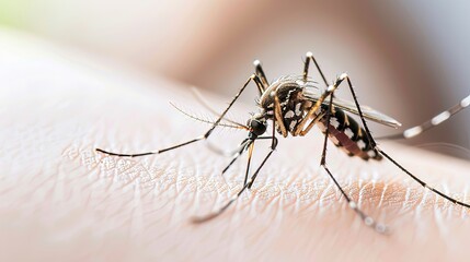 Close-up photo of a mosquito on a human skin. The delicate legs of a mosquito delicately touch human skin.