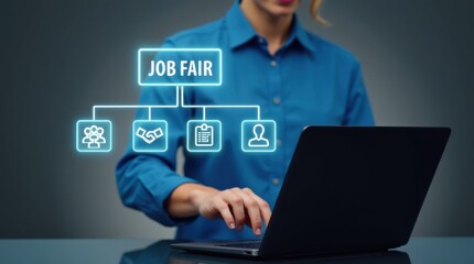 Person using a laptop with a job fair interface.