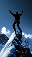 Climber triumphantly reaches mountain summit success achievement