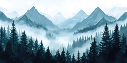 Obraz premium Misty mountain range with dark forest