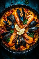 Classic Spanish Paella: Top-down view of a dish of saffron-infused rice loaded with shrimp, mussels, chicken, and vegetables.