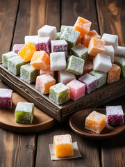 Sweet food Turkish delight on wooden background, assorted locum and candy for decorated backdrop