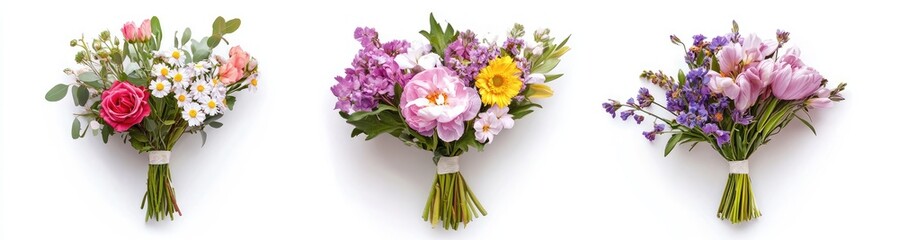 Fototapeta premium Three floral bouquets, assorted colors and types, on white background