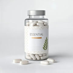 Bottle of essential pills isolated on white background with minimalist label design